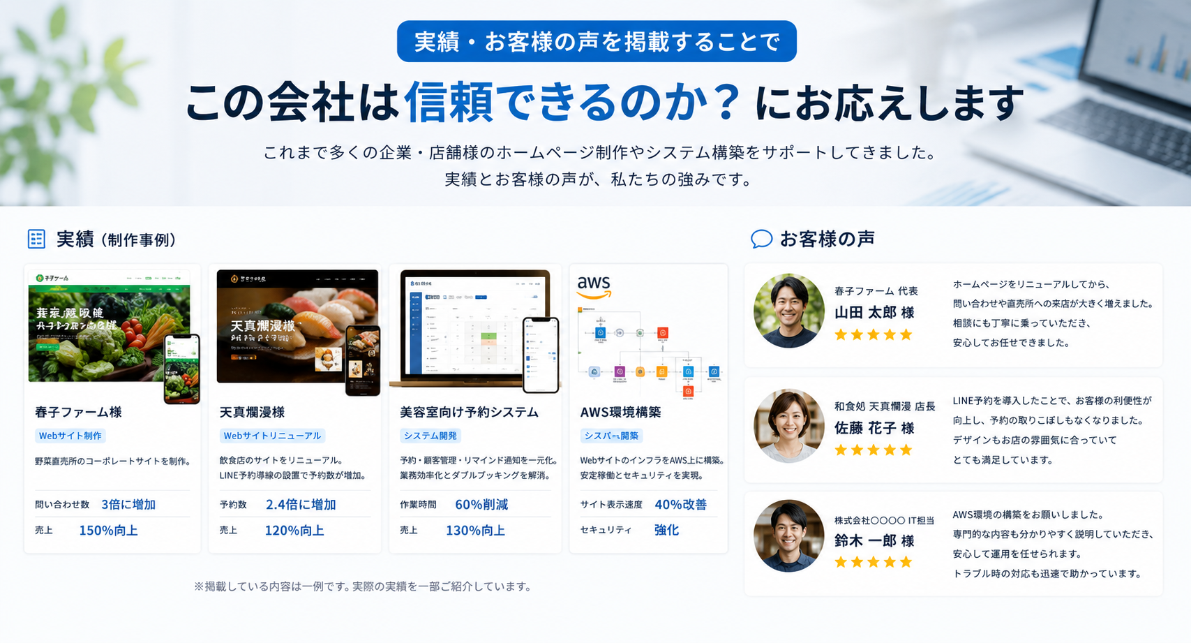 実績・お客様の声を掲載するイメージ